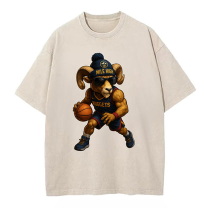 Mile High Bighorn wearing Nuggets beanie with mountain patch and wayfarer - Vintage T-shirt - Off White