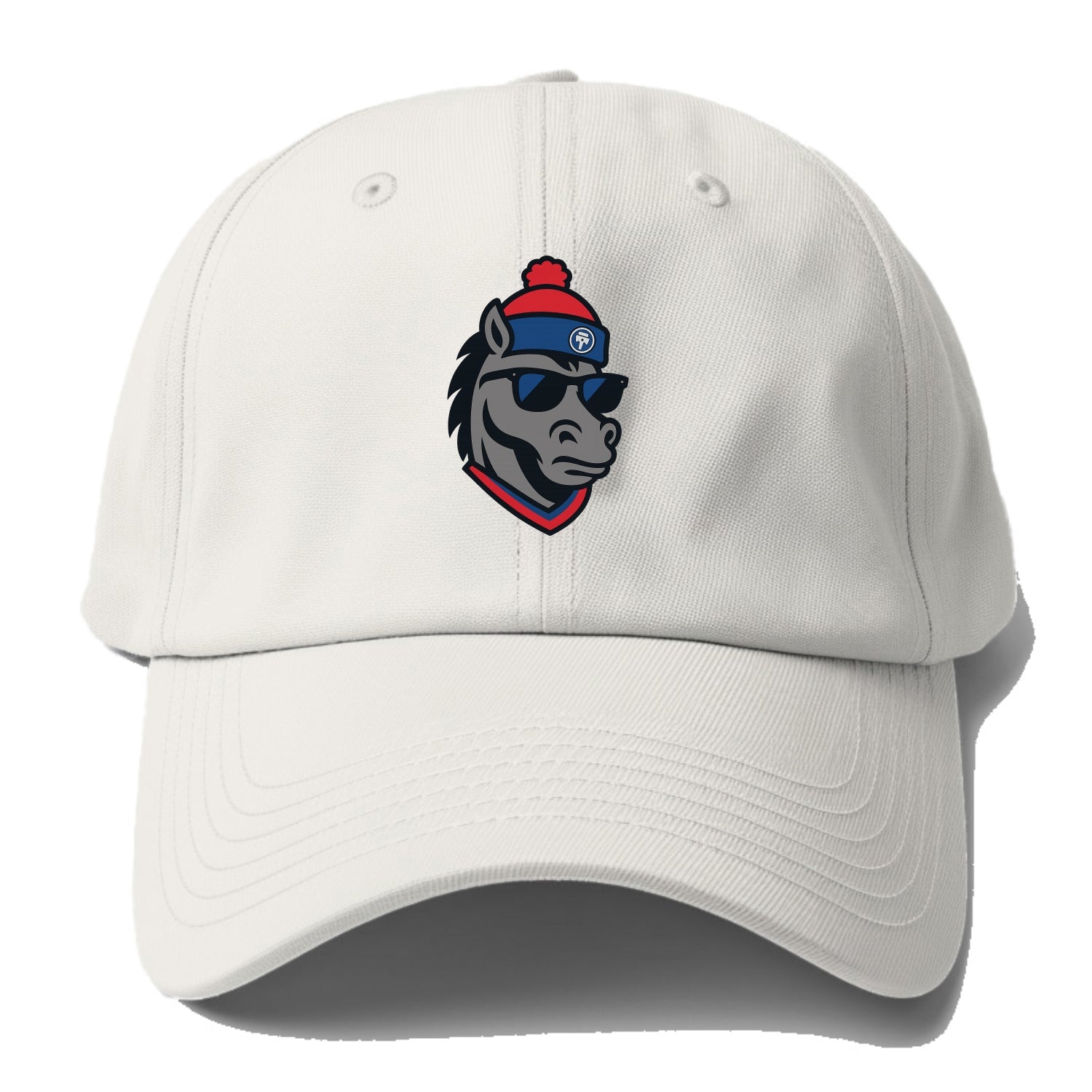 Detroit Stallion wearing Pistons red and blue beanie with piston patch - Baseball Cap For Big Heads - Off White