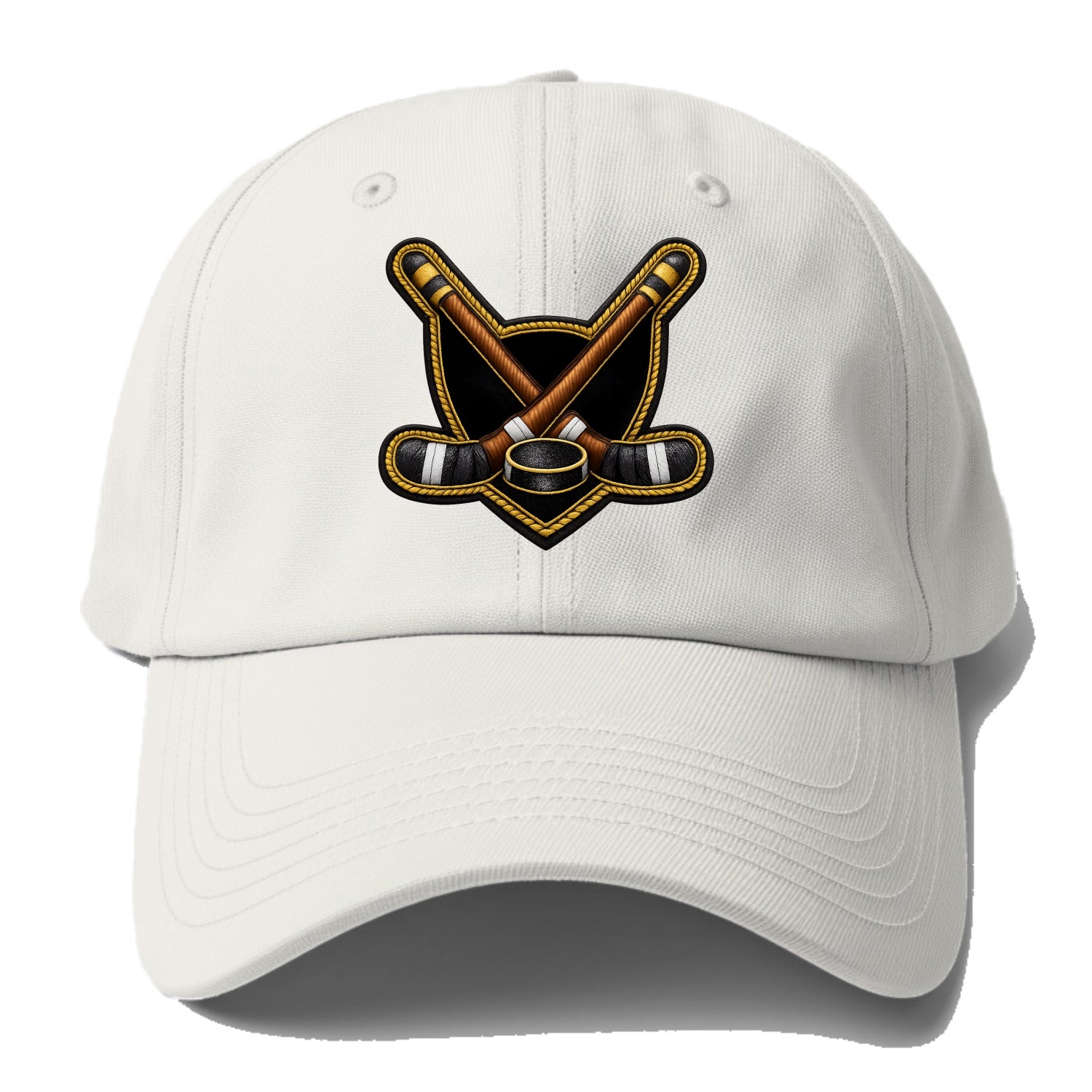 Embroidered patch design - HOCKEY CROSSED STICKS - ice hockey sticks with puck in - Baseball Cap - Off White
