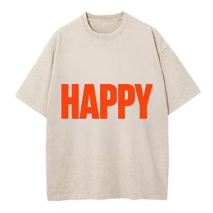 Bold typography design - "HAPPY" - joyful, content, pleased - Vintage T-shirt - Off White