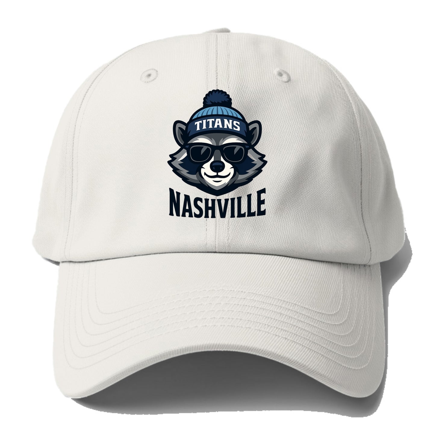 Nashville Raccoon wearing Titans navy and light blue beanie with pom - Baseball Cap For Big Heads - Off White