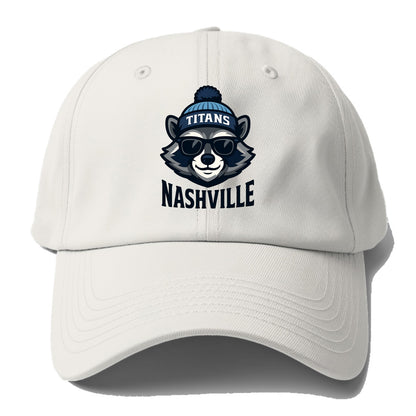 Nashville Raccoon wearing Titans navy and light blue beanie with pom - Baseball Cap For Big Heads - Off White