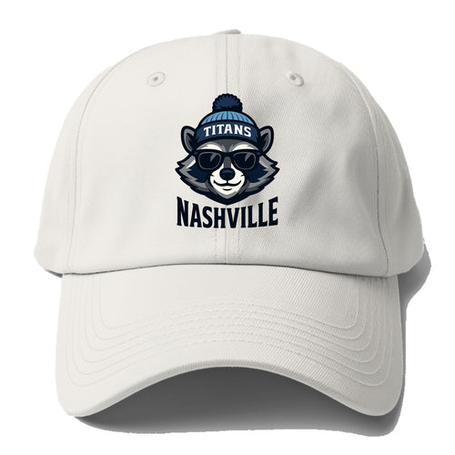 Nashville Raccoon wearing Titans navy and light blue beanie with pom - Baseball Cap For Big Heads