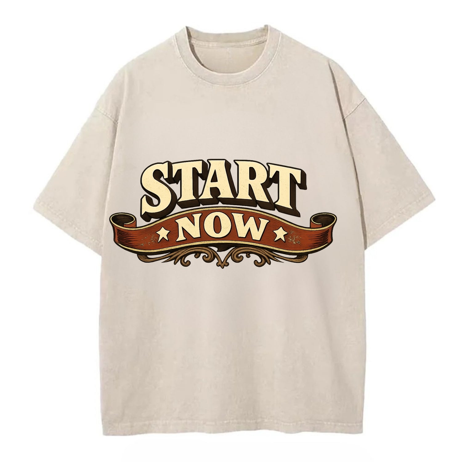 Bold typography design - "START NOW" - begin immediately, no delay - Vintage T-shirt - Off White