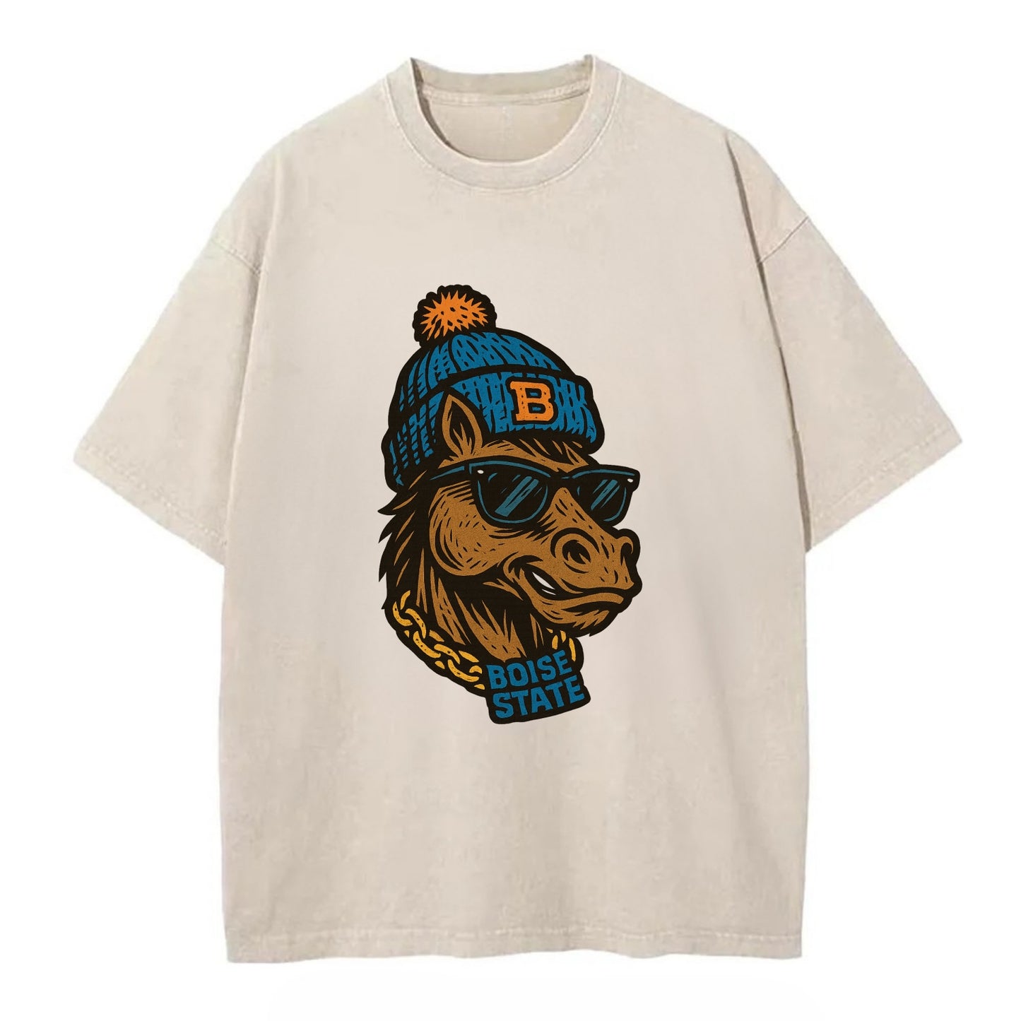 Boise Bronco wearing Boise State beanie with B patch - Vintage T-shirt - Off White