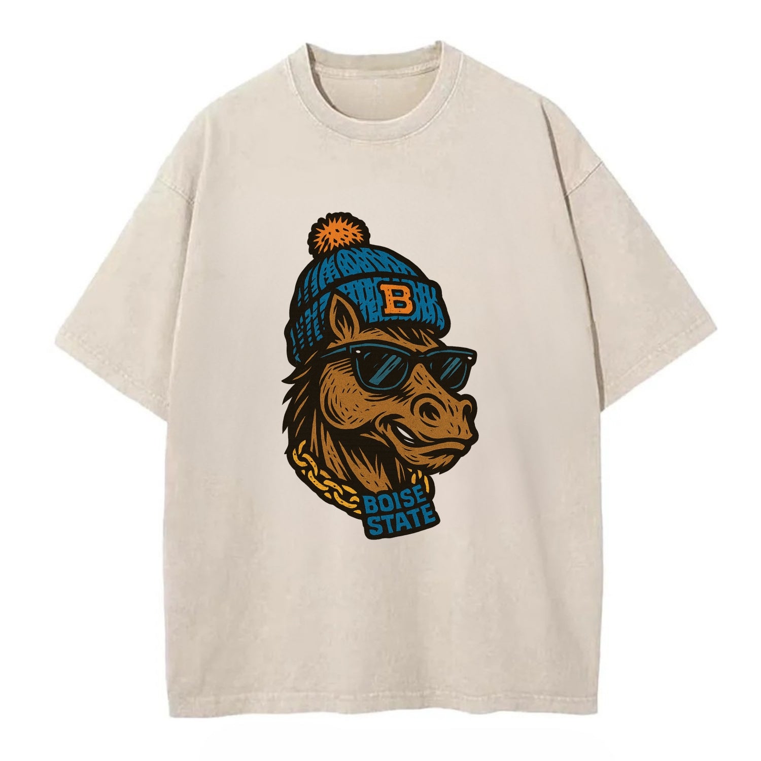 Boise Bronco wearing Boise State beanie with B patch - Vintage T-shirt - Off White