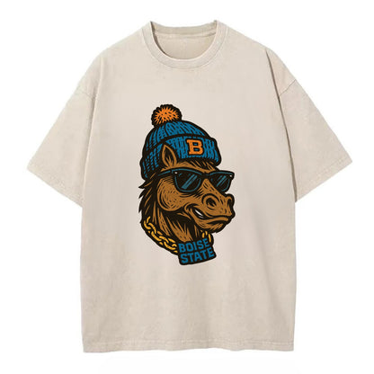 Boise Bronco wearing Boise State beanie with B patch - Vintage T-shirt - Off White