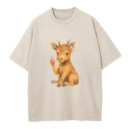 baby moose with adorable tiny antlers, one hoof raised in attitude - Vintage T-shirt - Off White