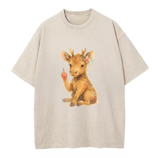 baby moose with adorable tiny antlers, one hoof raised in attitude - Vintage T-shirt - Off White