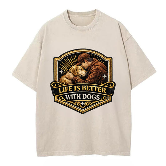 LIFE IS BETTER WITH DOGS - dog and human in brown , dog lover - Vintage T-shirt - Off White