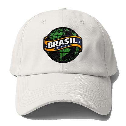 BRAZILIAN FLAG GLOBE - green globe with banner in green yellow blue , Brasil - Baseball Cap - Off White