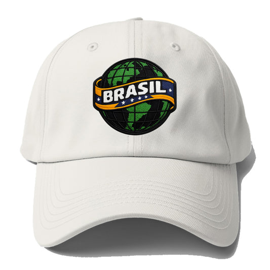 BRAZILIAN FLAG GLOBE - green globe with banner in green yellow blue , Brasil - Baseball Cap - Off White