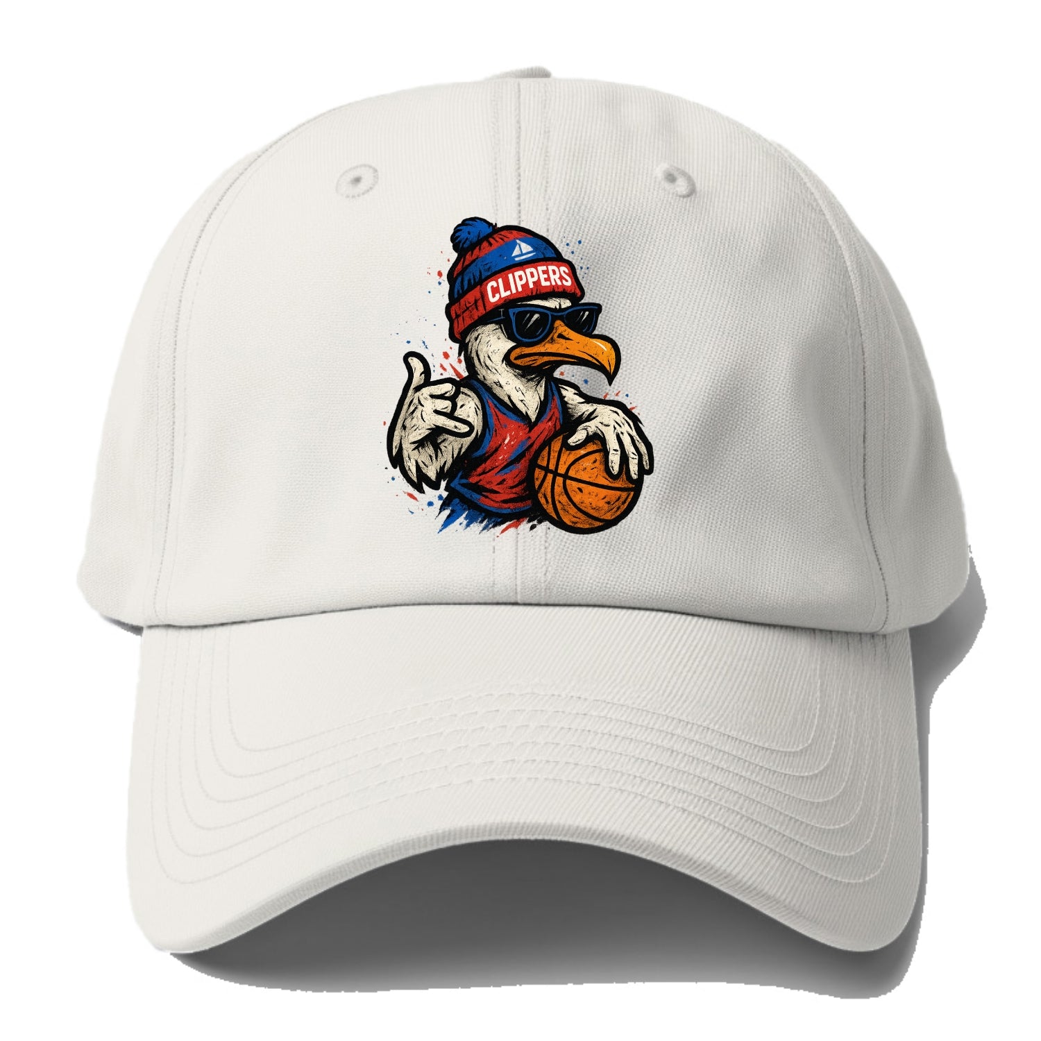 LA Seagull wearing Clippers red white and blue beanie with ship patch - Baseball Cap For Big Heads - Off White