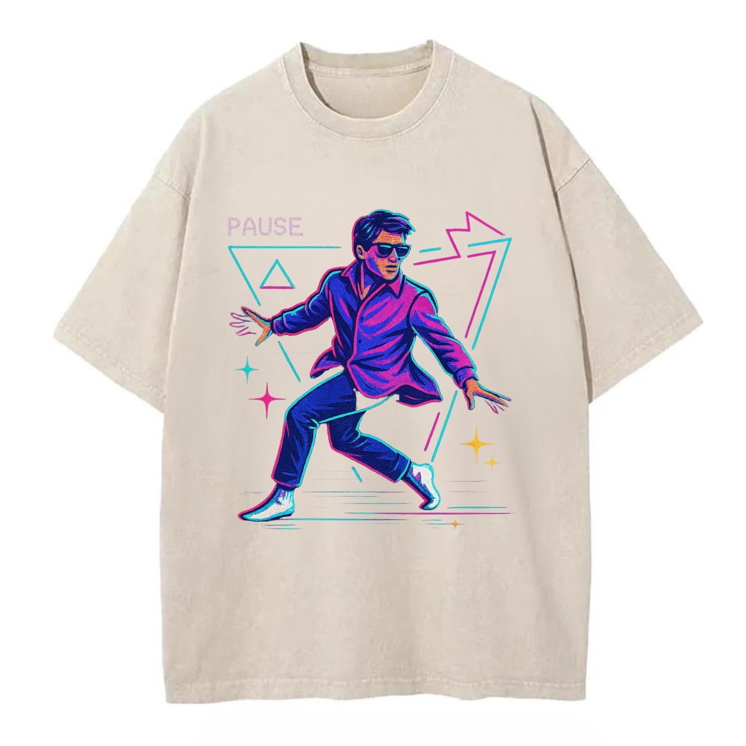 confident figure sliding across polished wooden floor in socks and sunglasses - Vintage T-shirt - Off White