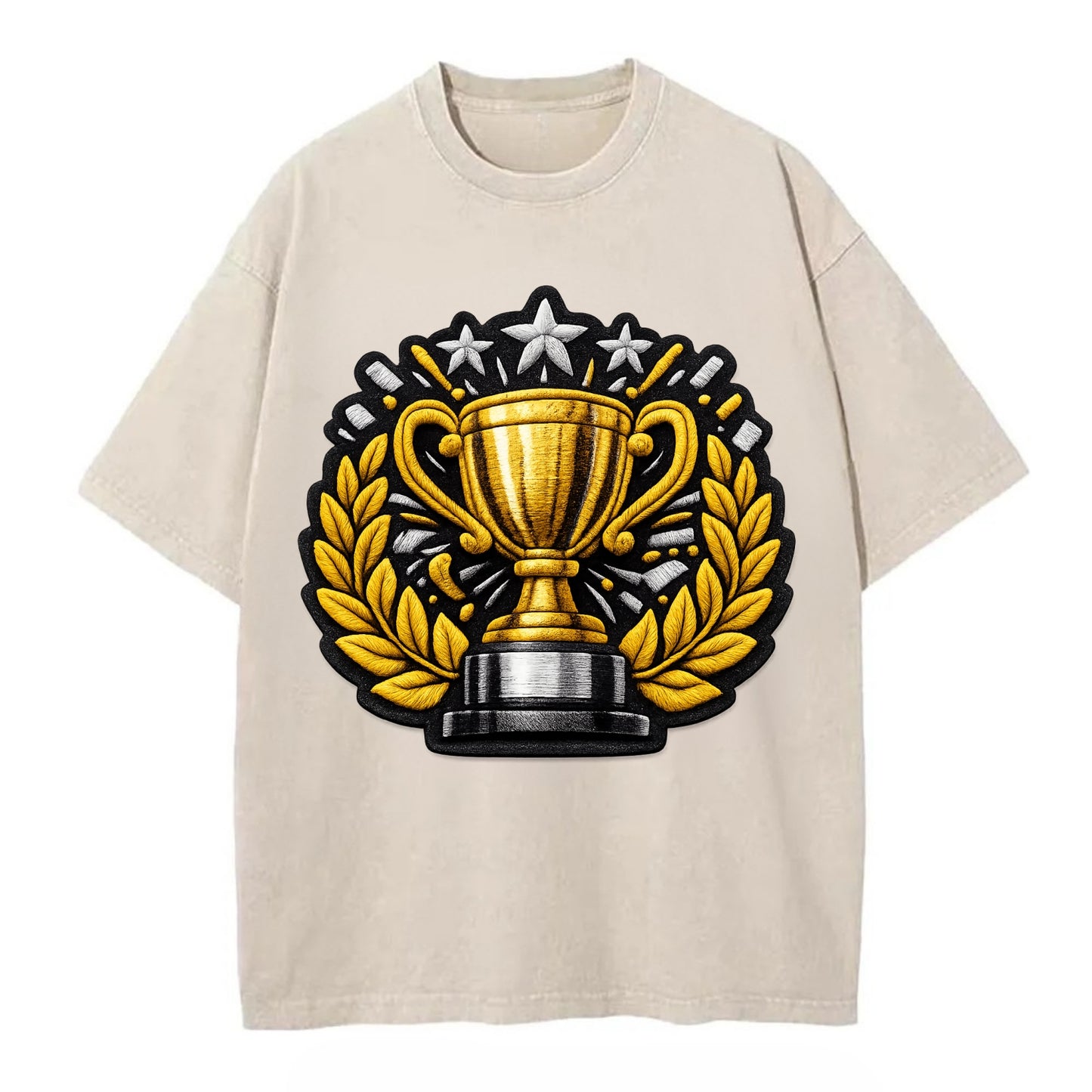 Embroidered patch design - CHAMPIONSHIP TROPHY - golden trophy cup with laurels - Vintage T-shirt - Off White