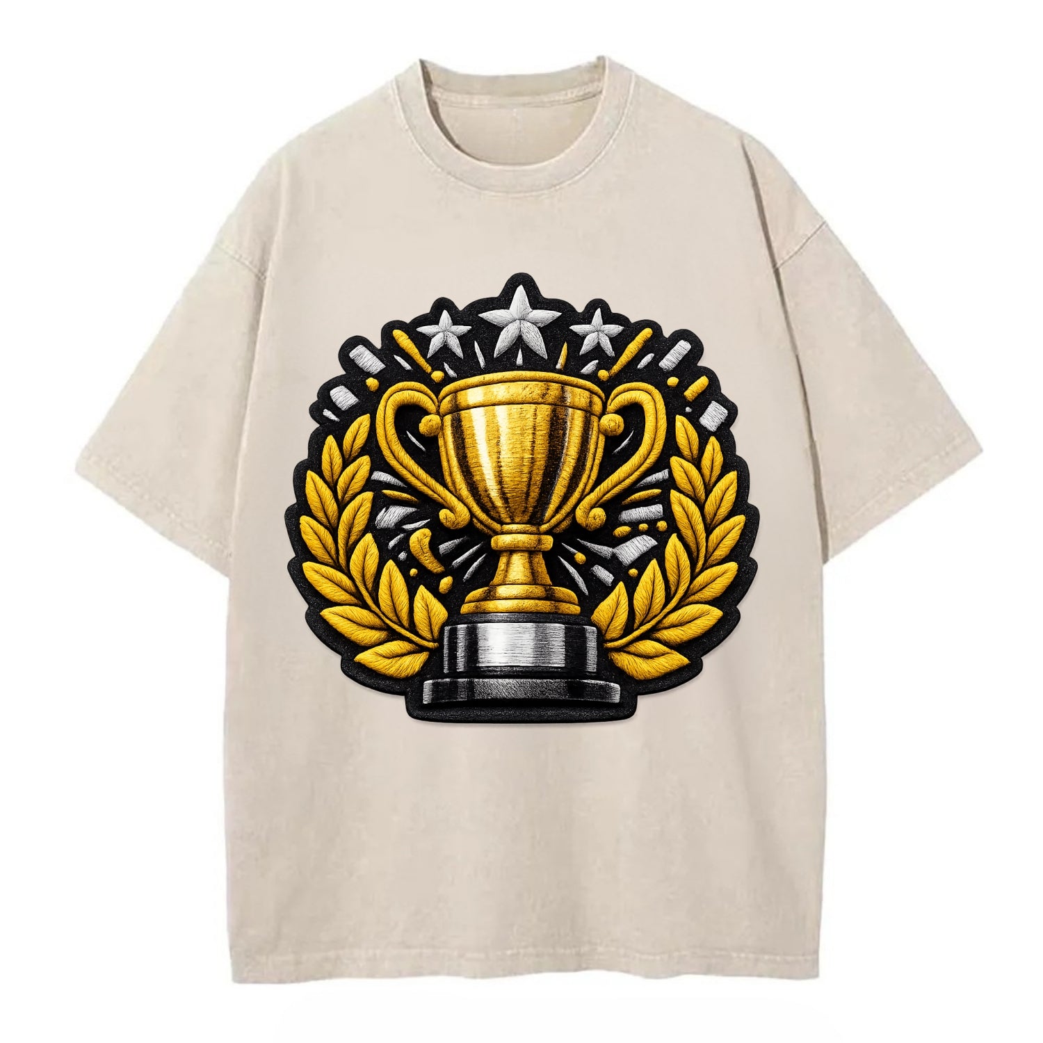 Embroidered patch design - CHAMPIONSHIP TROPHY - golden trophy cup with laurels - Vintage T-shirt - Off White