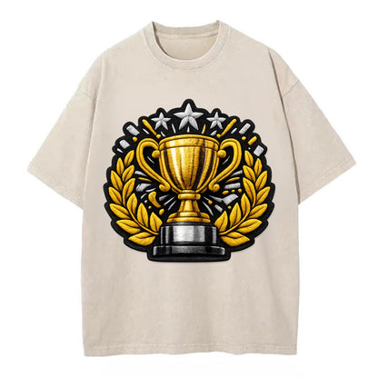 Embroidered patch design - CHAMPIONSHIP TROPHY - golden trophy cup with laurels - Vintage T-shirt - Off White