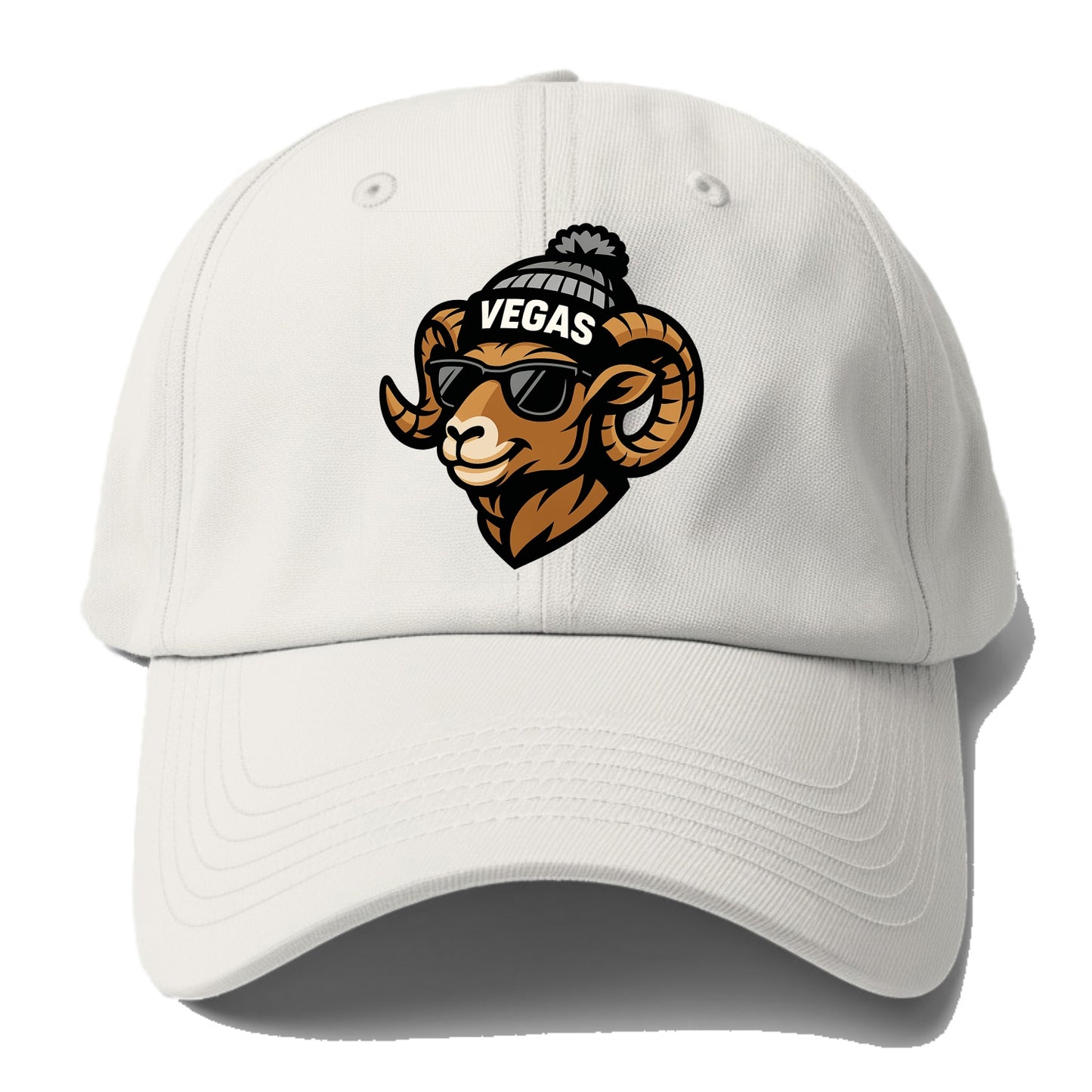 Vegas Desert Bighorn wearing Raiders silver and black beanie with pom - Baseball Cap For Big Heads - Off White