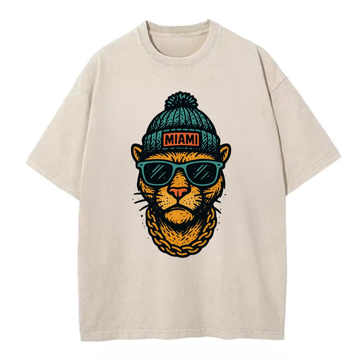 Florida Panther wearing Miami beanie with pom pom and wayfarer sunglasses - Vintage T-shirt - Off White