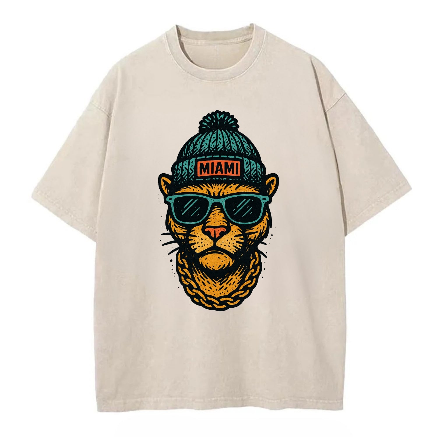 Florida Panther wearing Miami beanie with pom pom and wayfarer sunglasses - Vintage T-shirt - Off White