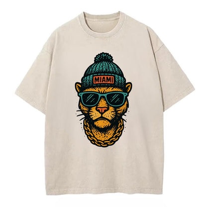 Florida Panther wearing Miami beanie with pom pom and wayfarer sunglasses - Vintage T-shirt - Off White
