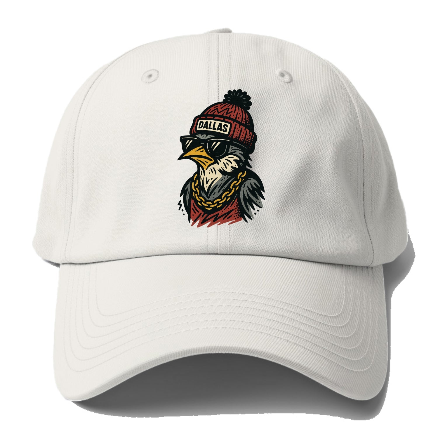 Dallas Mockingbird wearing Dallas beanie with pom pom and wayfarer sunglasses - Baseball Cap - Off White
