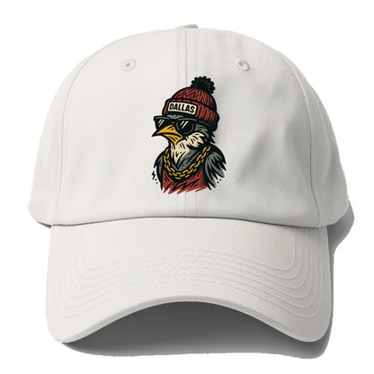 Dallas Mockingbird wearing Dallas beanie with pom pom and wayfarer sunglasses - Baseball Cap - Off White