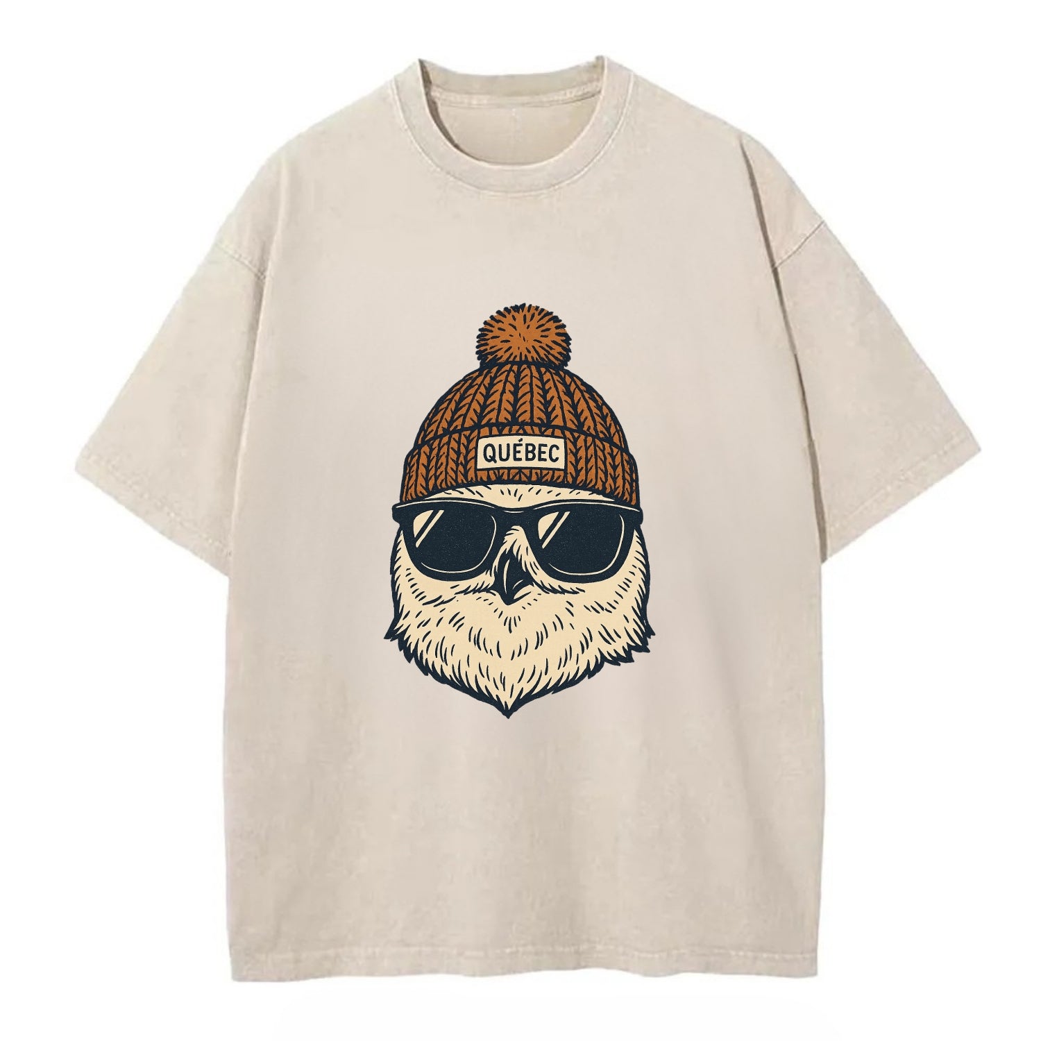 Quebec City Snowy Owl wearing Quebec beanie with pom pom and wayfarer sunglasses - Vintage T-shirt - Off White