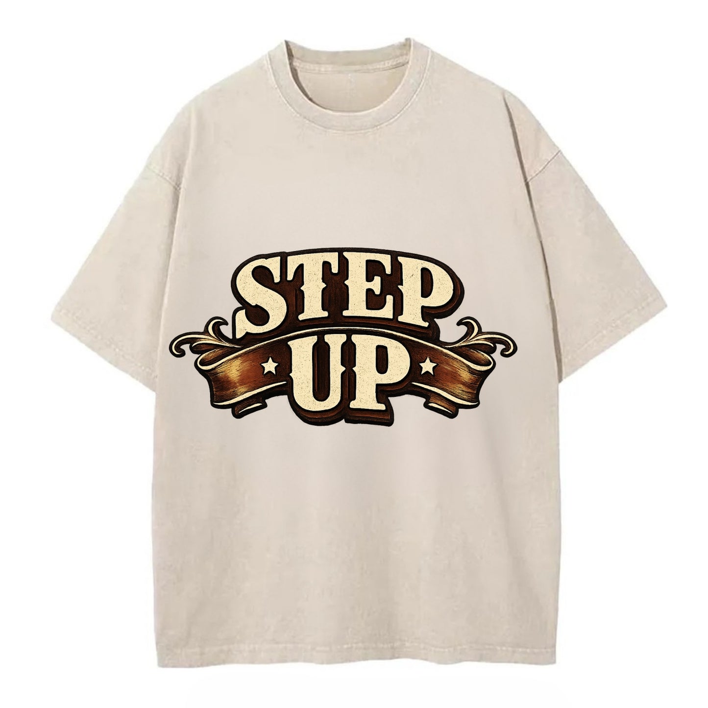 Bold typography design - "STEP UP" - rise to occasion, take charge - Vintage T-shirt - Off White