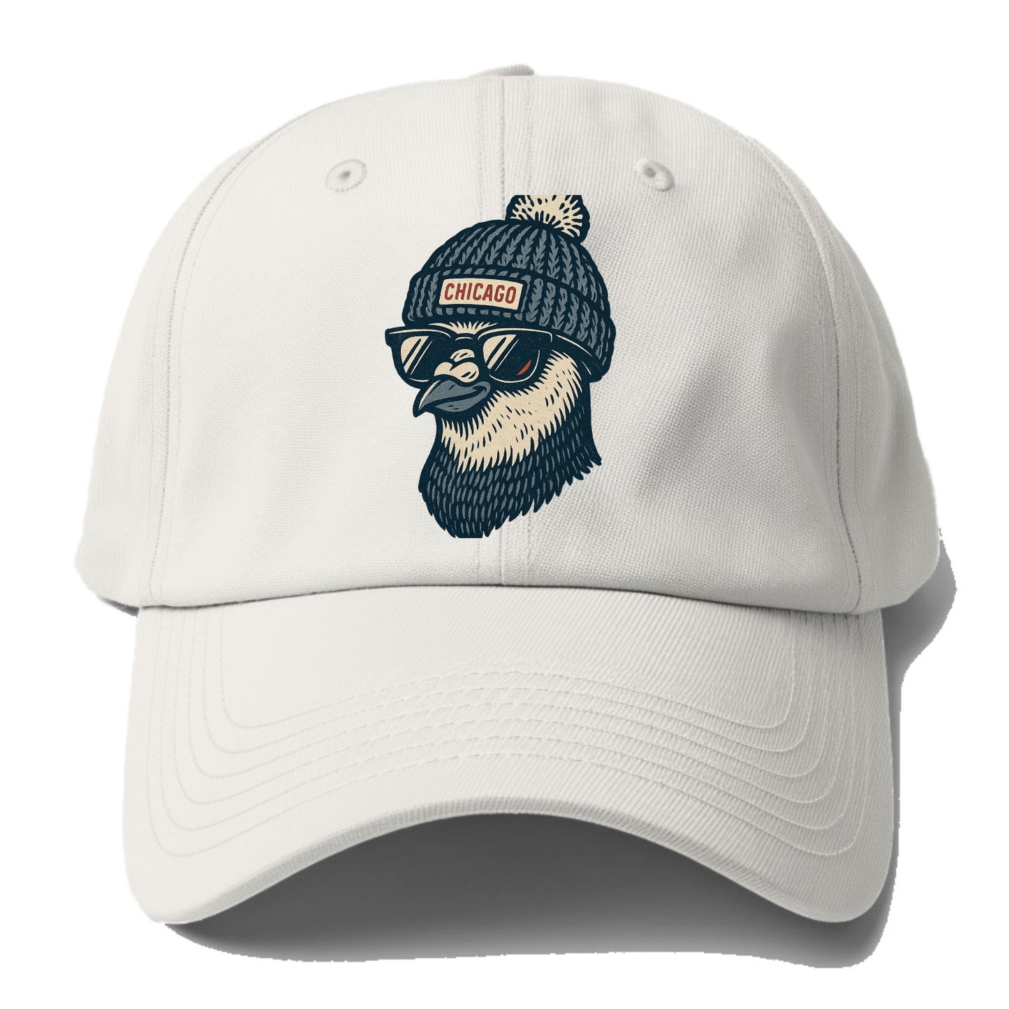 Chicago Pigeon wearing Chicago beanie with pom pom and wayfarer sunglasses - Baseball Cap - Off White