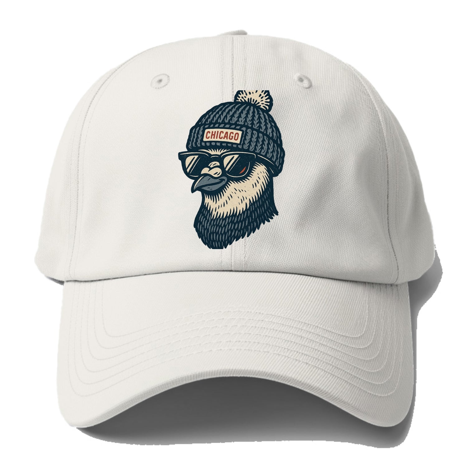 Chicago Pigeon wearing Chicago beanie with pom pom and wayfarer sunglasses - Baseball Cap - Off White