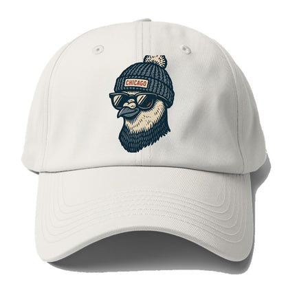 Chicago Pigeon wearing Chicago beanie with pom pom and wayfarer sunglasses - Baseball Cap - Off White