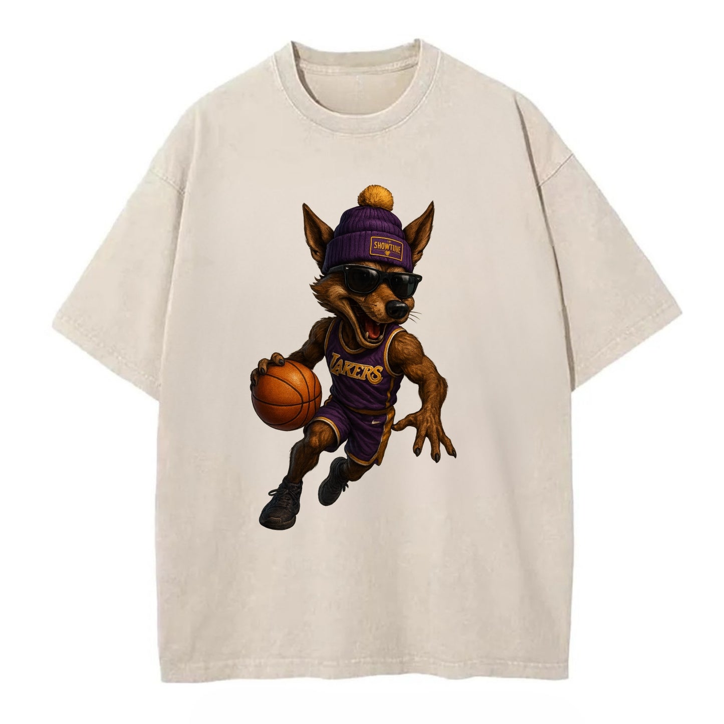 Hollywood Coyote wearing Lakers beanie with Showtime patch and wayfarer sunglasses - Vintage T-shirt - Off White