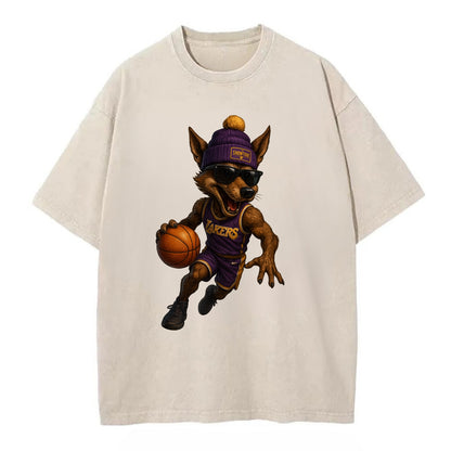 Hollywood Coyote wearing Lakers beanie with Showtime patch and wayfarer sunglasses - Vintage T-shirt - Off White
