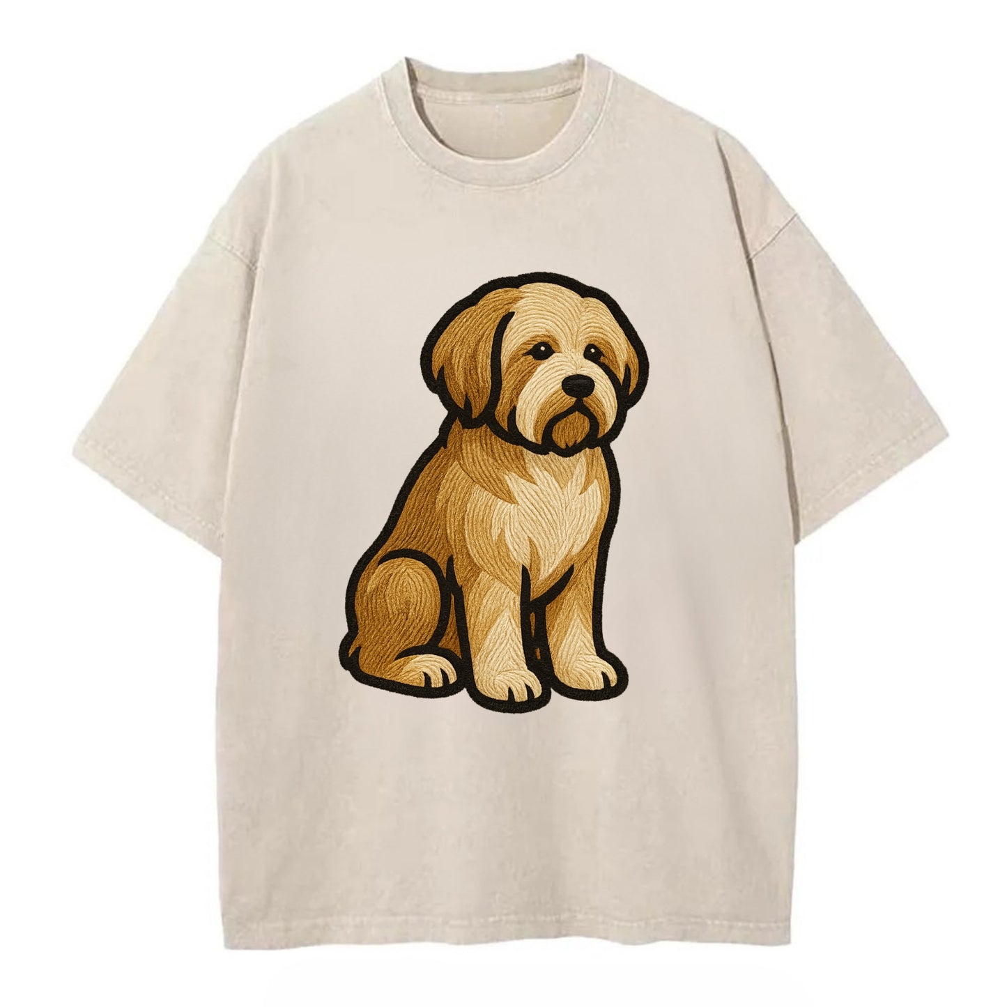Tibetan Terrier - Gold and white embroidered sitting pose - Vintage T-shirt - Off White