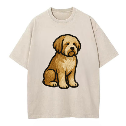 Tibetan Terrier - Gold and white embroidered sitting pose - Vintage T-shirt - Off White