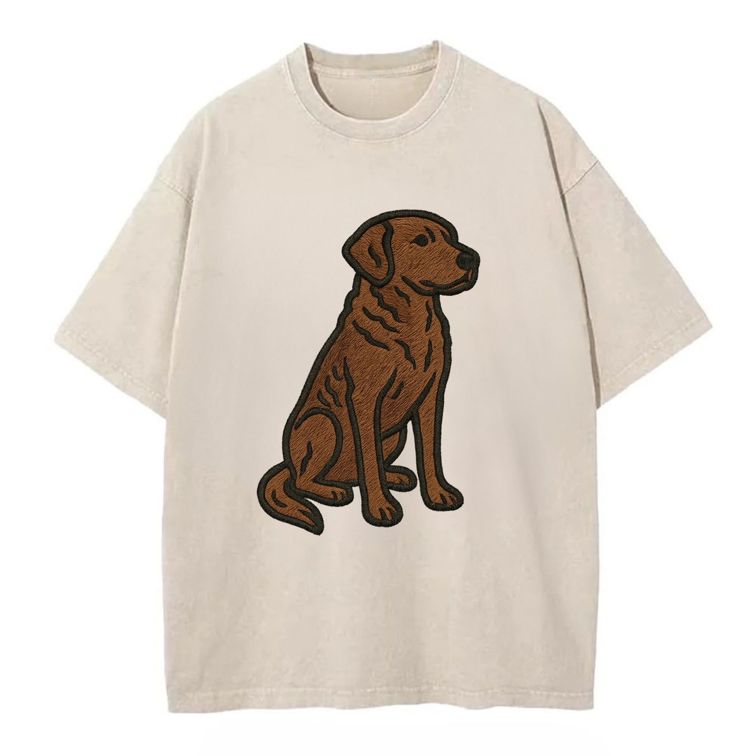 Chesapeake Bay Retriever - Brown wavy coat embroidered sitting pose - Vintage T-shirt - Off White