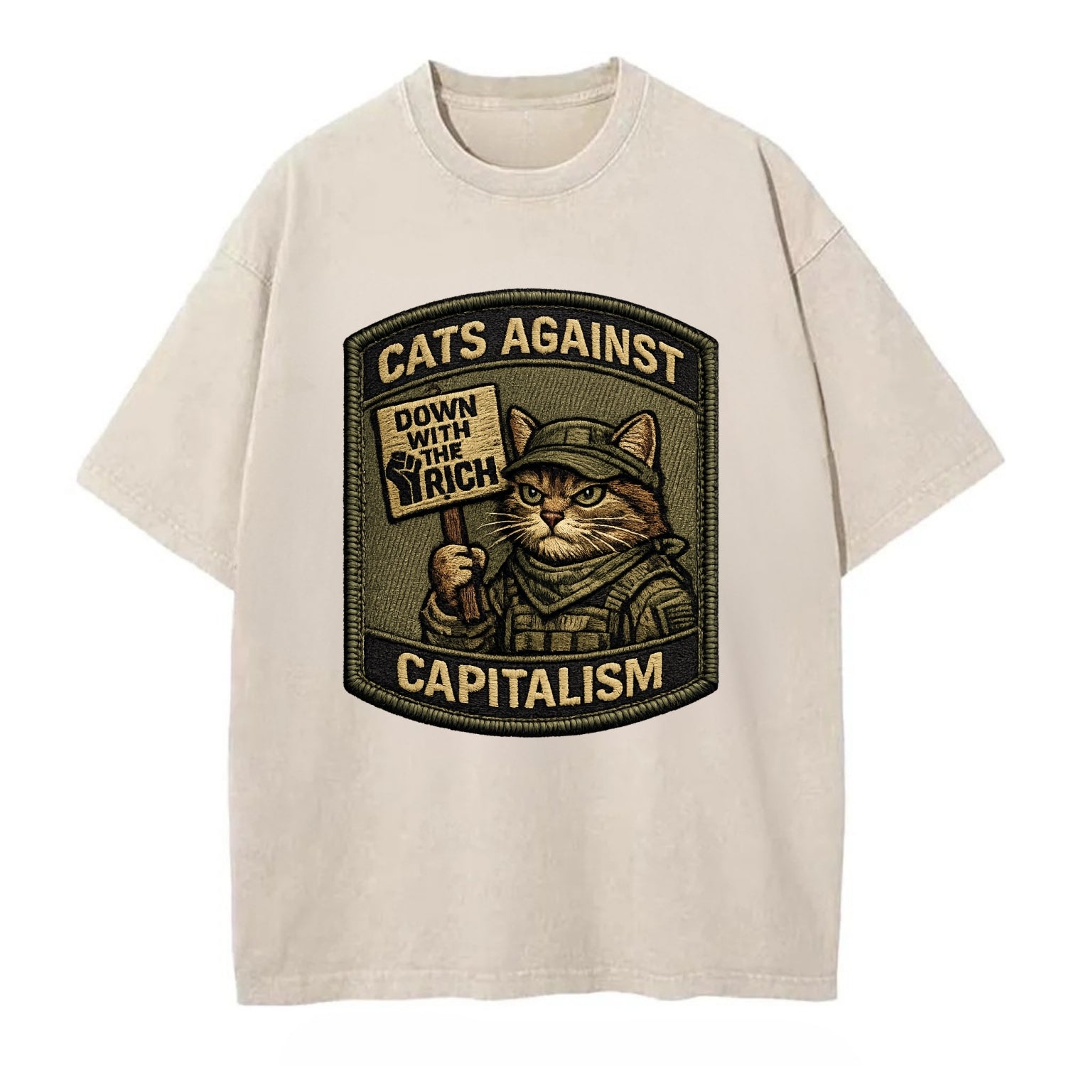 CATS AGAINST CAPITALISM - cat with protest sign in red , political cat - Vintage T-shirt - Off White