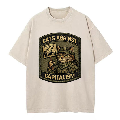 CATS AGAINST CAPITALISM - cat with protest sign in red , political cat - Vintage T-shirt - Off White