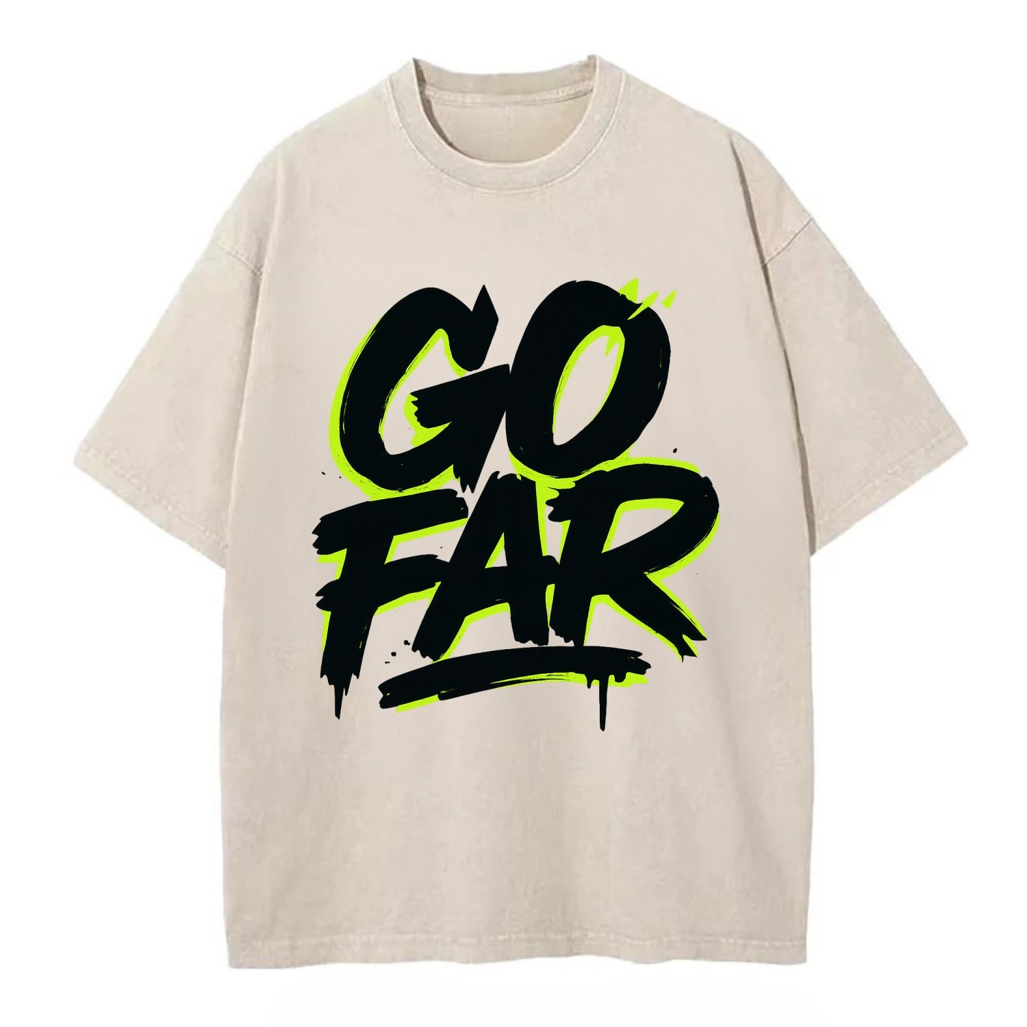Bold typography design - "GO FAR" - distance goals, pushing limits - Vintage T-shirt - Off White