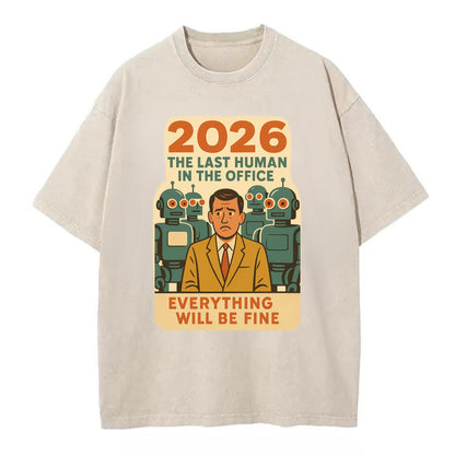 Single human worker surrounded by robot coworkers - "The last human in the office" - Vintage T-shirt - Off White