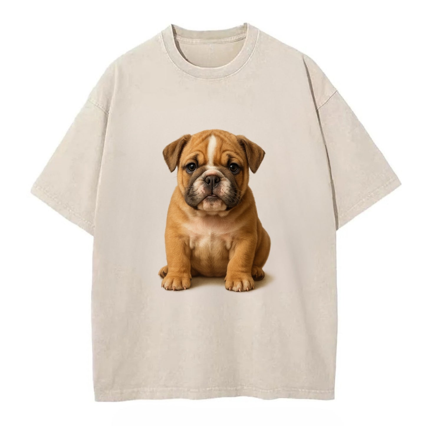 Baby Bulldog Puppy - wrinkly face, underbite, stocky body, gentle eyes, - Vintage T-shirt - Off White