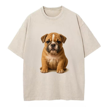 Baby Bulldog Puppy - wrinkly face, underbite, stocky body, gentle eyes, - Vintage T-shirt - Off White