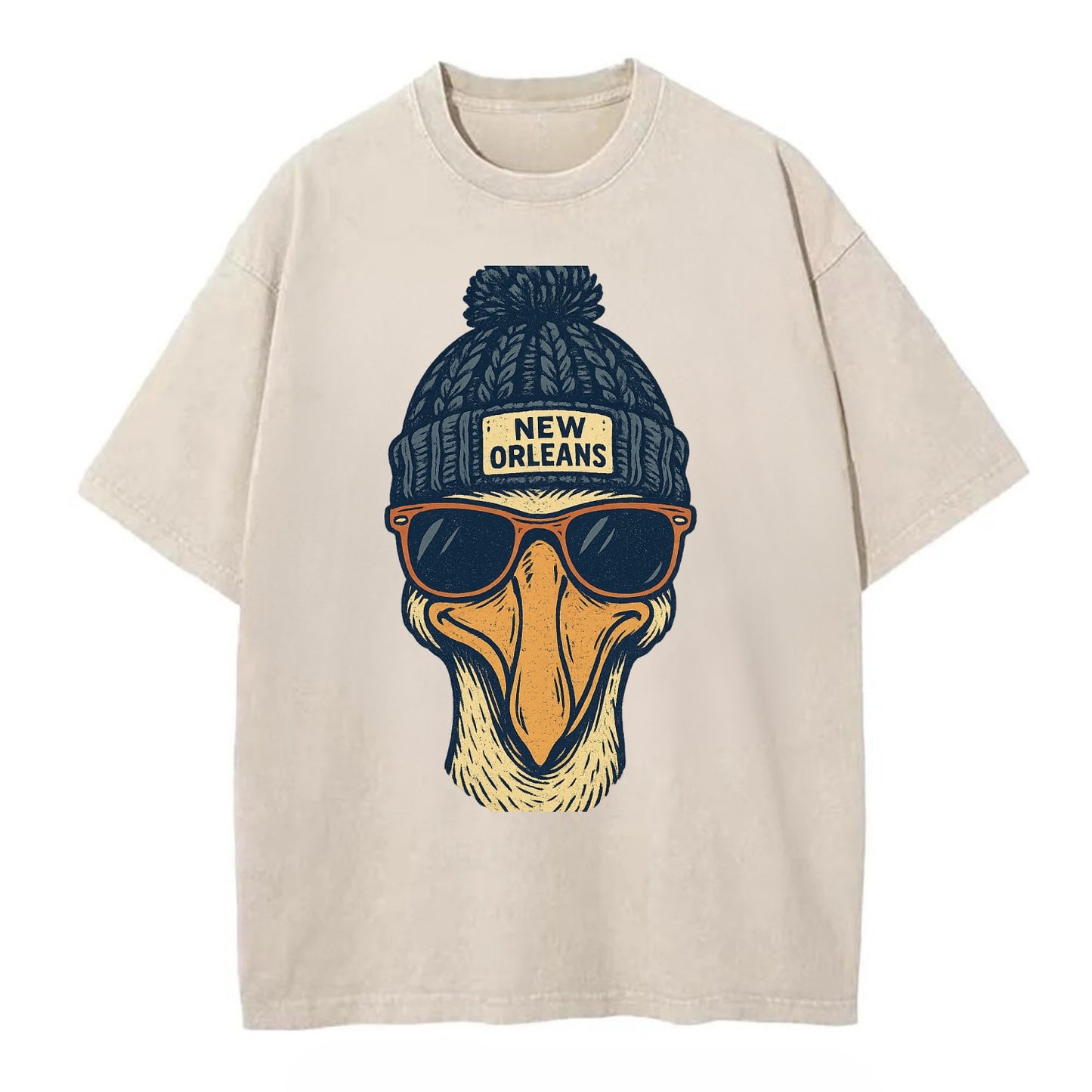 New Orleans Pelican wearing New Orleans beanie with pom pom and wayfarer - Vintage T-shirt - Off White