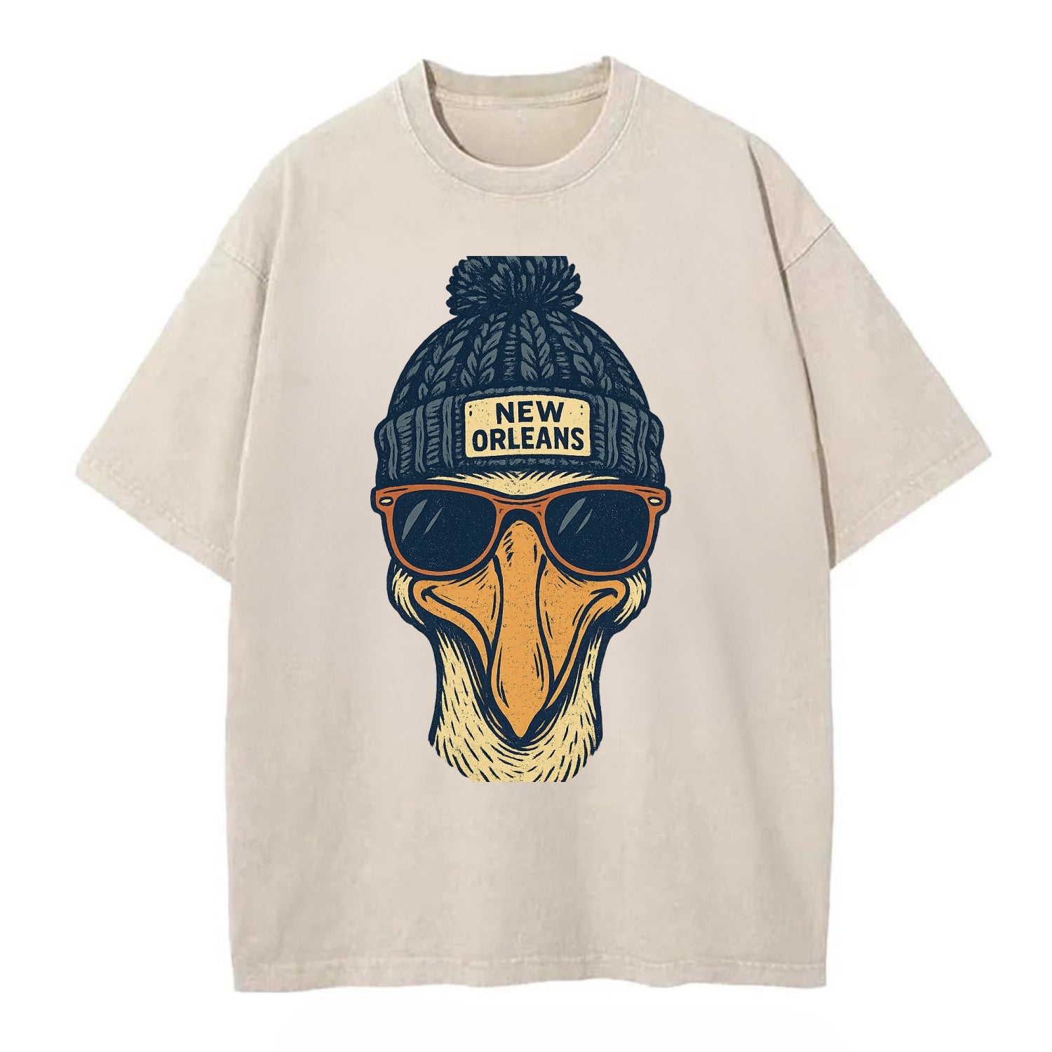 New Orleans Pelican wearing New Orleans beanie with pom pom and wayfarer - Vintage T-shirt - Off White