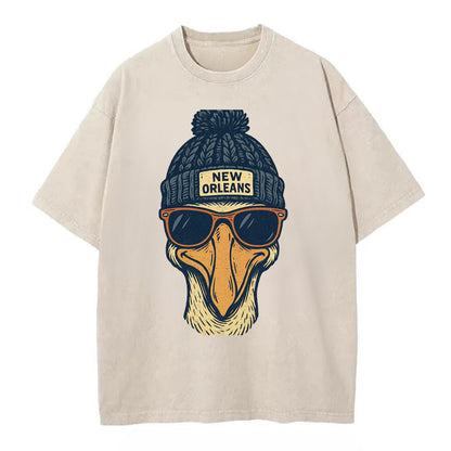 New Orleans Pelican wearing New Orleans beanie with pom pom and wayfarer - Vintage T-shirt - Off White