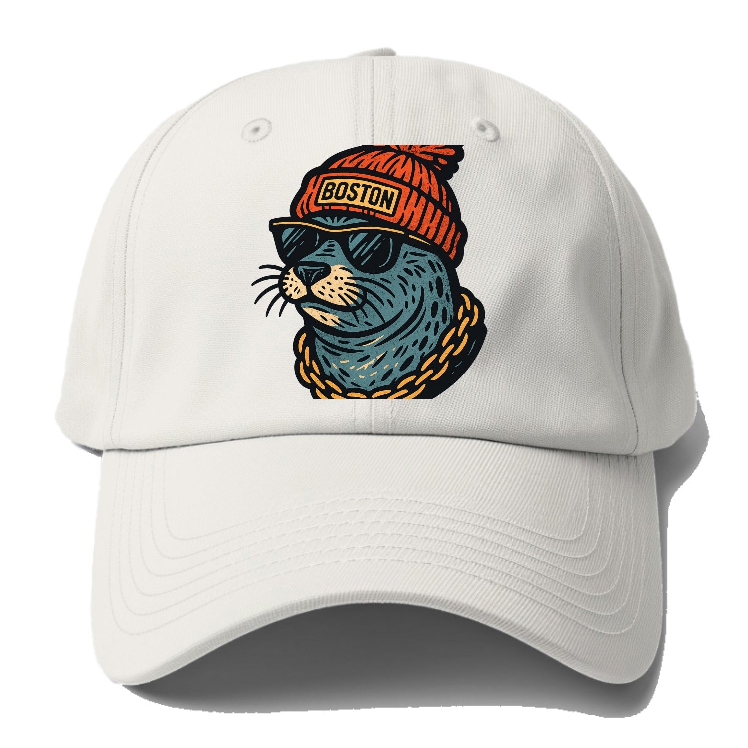 Boston Harbor Seal wearing Boston beanie with pom pom and wayfarer sunglasses - Baseball Cap - Off White
