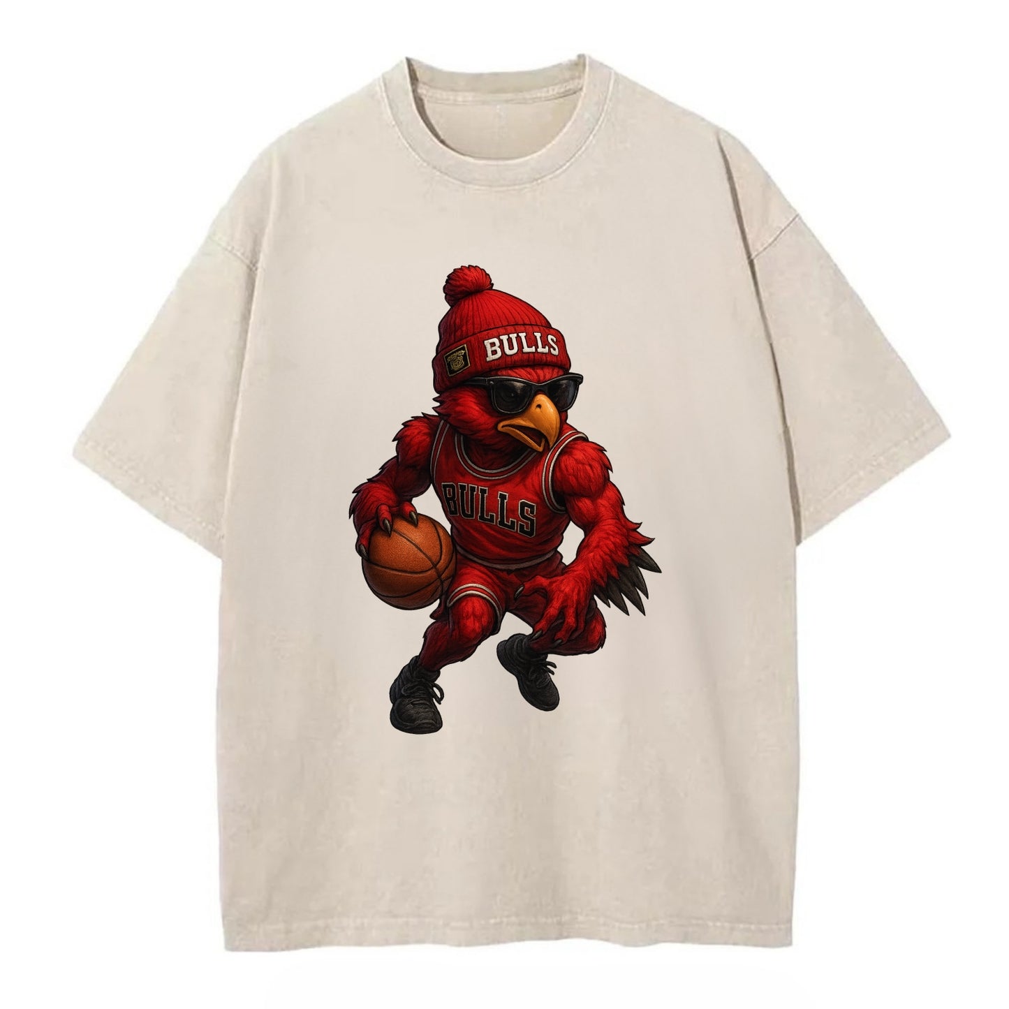 Windy City Hawk wearing Bulls beanie with six rings patch and wayfarer sunglasses - Vintage T-shirt - Off White