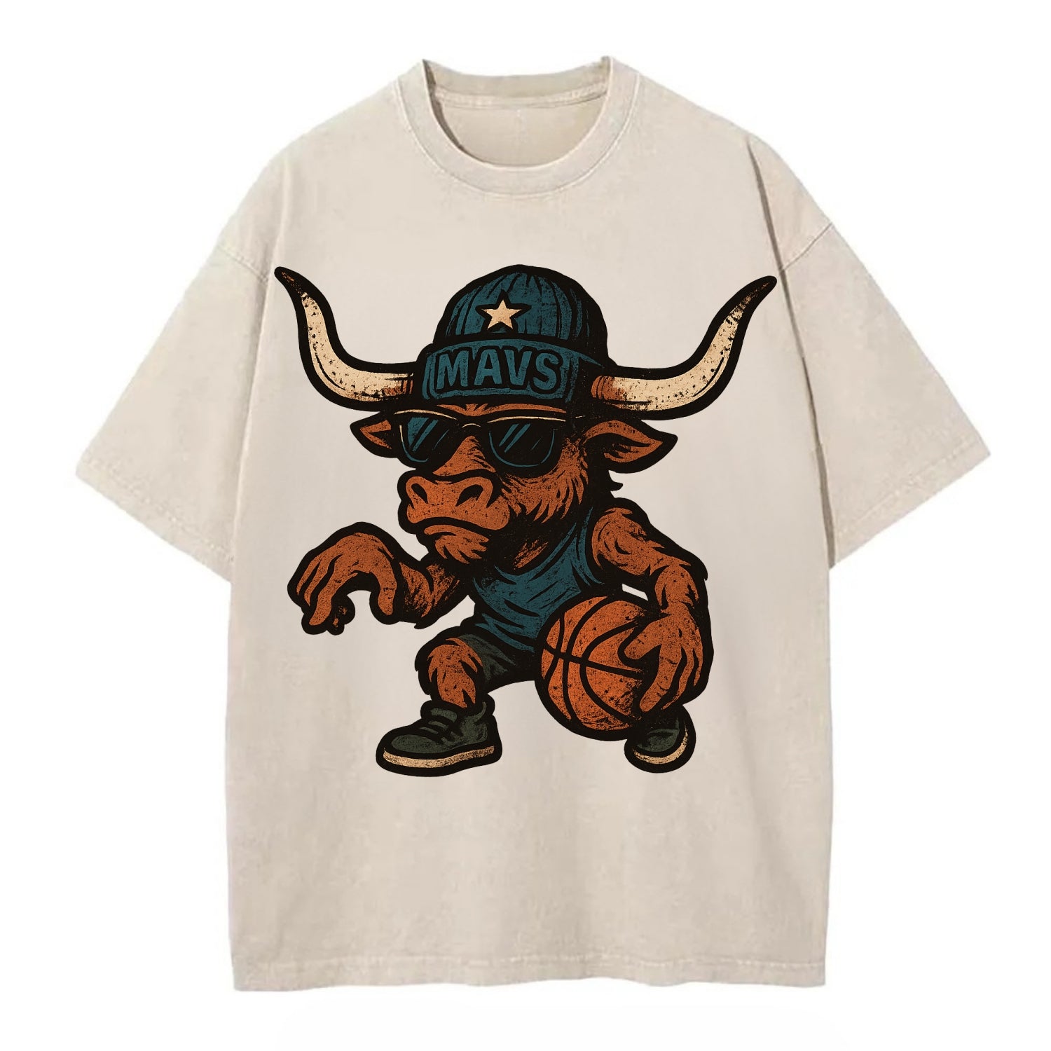 Texas Longhorn wearing Mavs beanie with lone star patch and wayfarer sunglasses - Vintage T-shirt - Off White