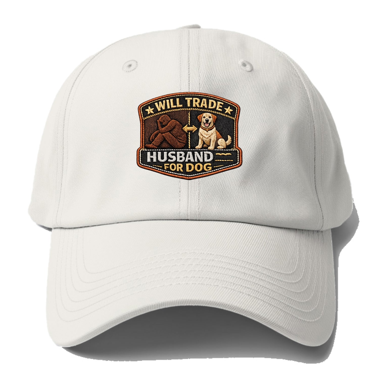 WILL TRADE HUSBAND FOR DOG - dog and man silhouette in brown , pet priority - Baseball Cap - Off White